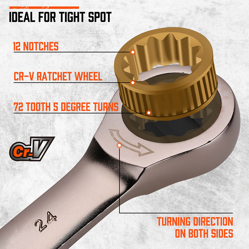 High-quality HORUSDY 18-piece metric ratchet spanner set and CR-V steel, ranging from 6mm to 30mm, designed for automotive and household applications with a durable 72-tooth ratchet mechanism