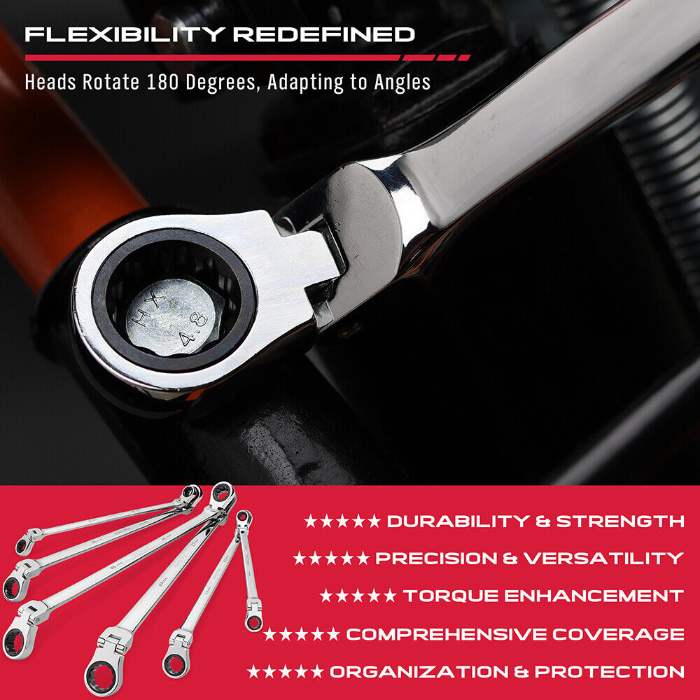 Extra long flex-head ratcheting spanner set with chrome vanadium steel construction, showcasing 180-degree rotating heads and multiple size options from 8mm to 19mm.