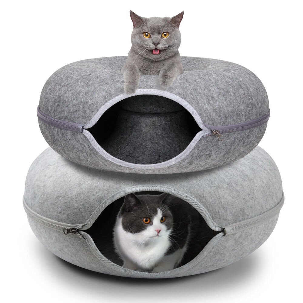 Cozy VaKa Cat Tunnel Bed in light and dark grey, M and L sizes, with a detachable and washable design, offering a free toy for cats.