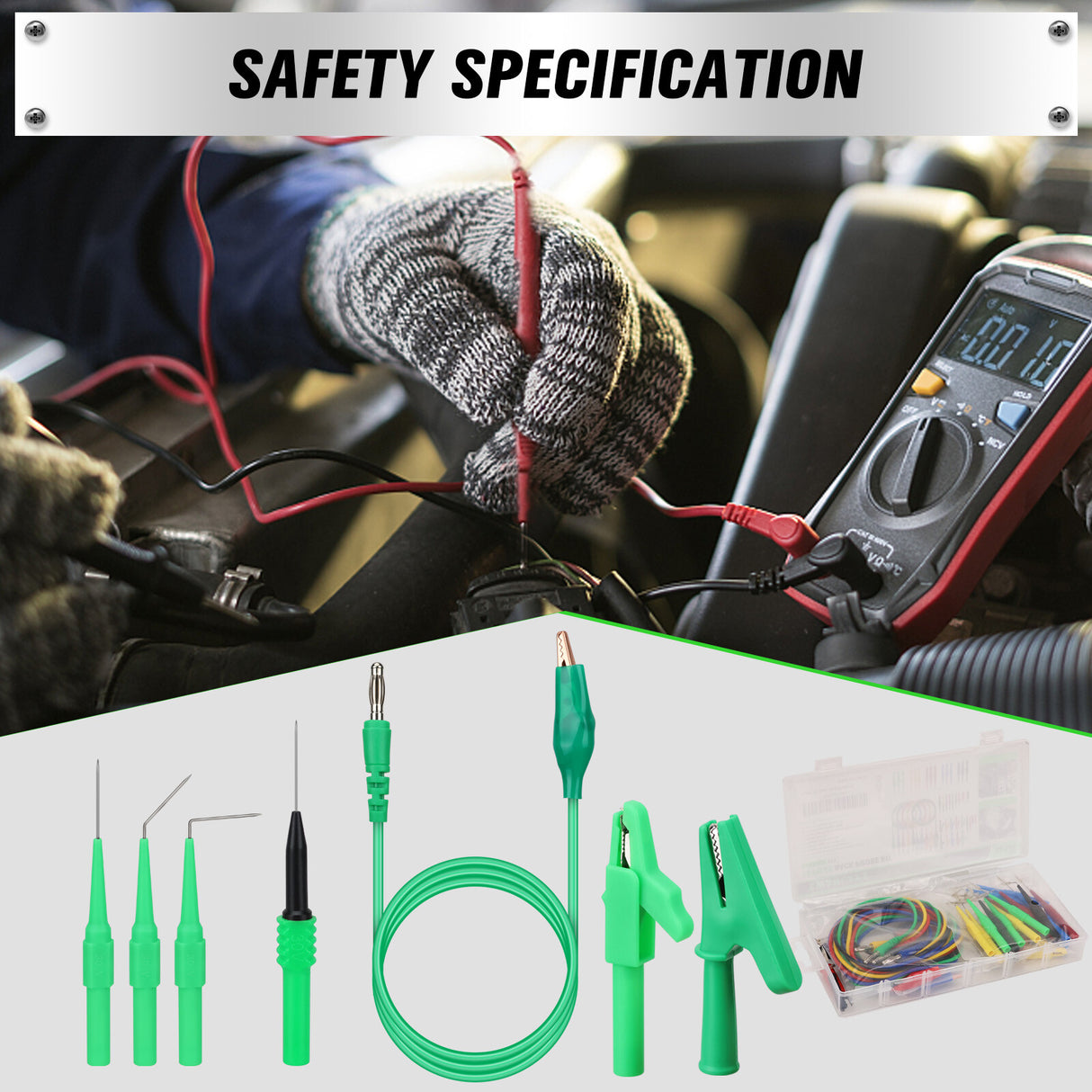 SWANLAKE 43-piece back probe test lead kit with silicone wires, multicolour probe pins, alligator clips, and banana plug connectors for diagnostic testing.