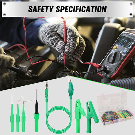 SWANLAKE 43-piece back probe test lead kit with silicone wires, multicolour probe pins, alligator clips, and banana plug connectors for diagnostic testing.