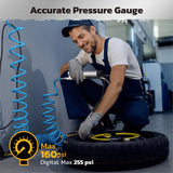 Handheld tire inflator with digital pressure gauge, dual head chucks, and TPMS compatibility for accurate inflation and deflation.