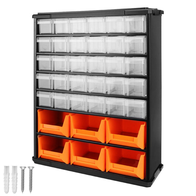 Wall mount 36 drawer parts organiser with clear and orange bins for screws, tools, and hardware storage