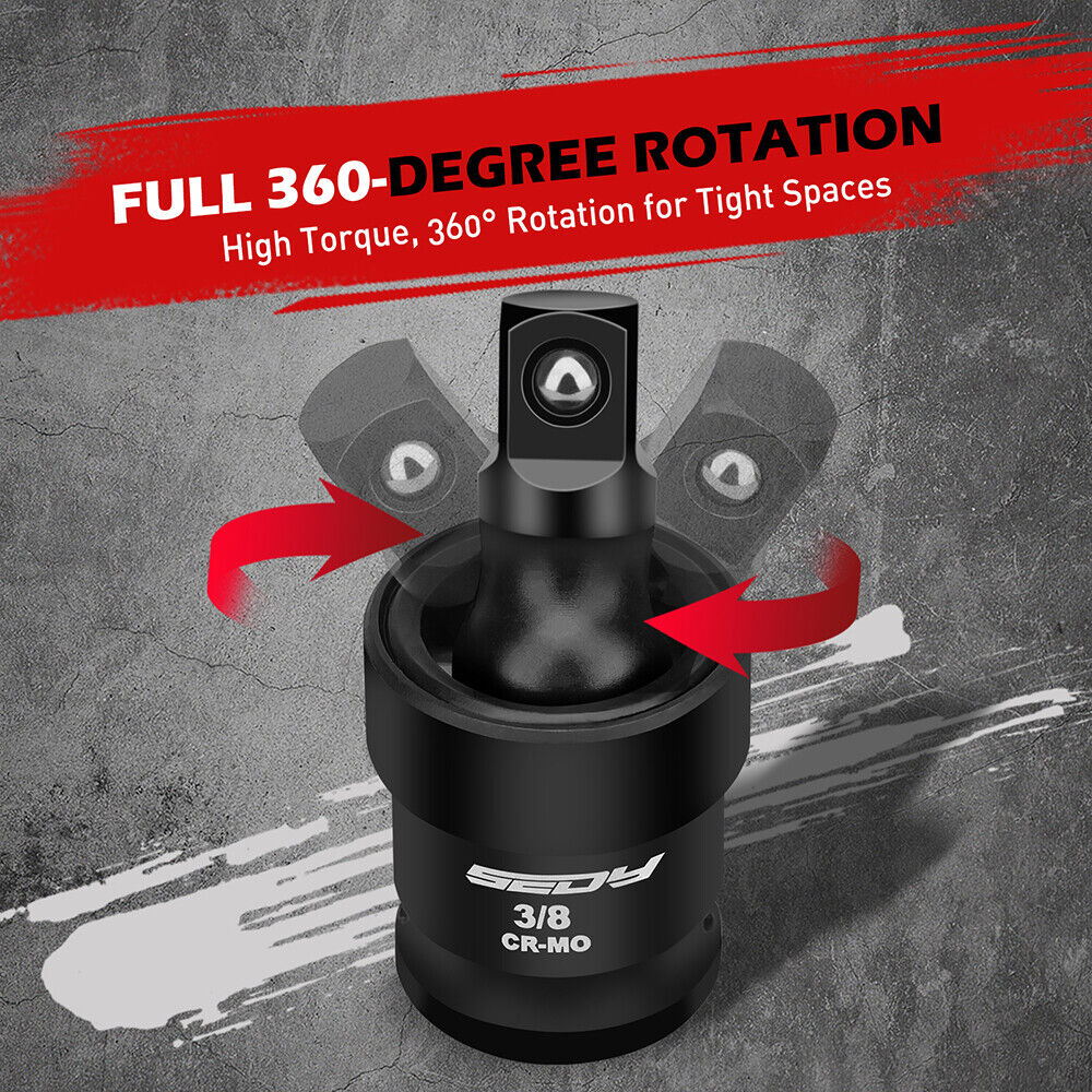 Sedy 3-piece impact universal joint socket set with 1/4", 3/8", and 1/2" drives, featuring Cr-Mo steel and 360-degree swivel for tight space access