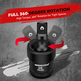 Sedy 3-piece impact universal joint socket set with 1/4", 3/8", and 1/2" drives, featuring Cr-Mo steel and 360-degree swivel for tight space access