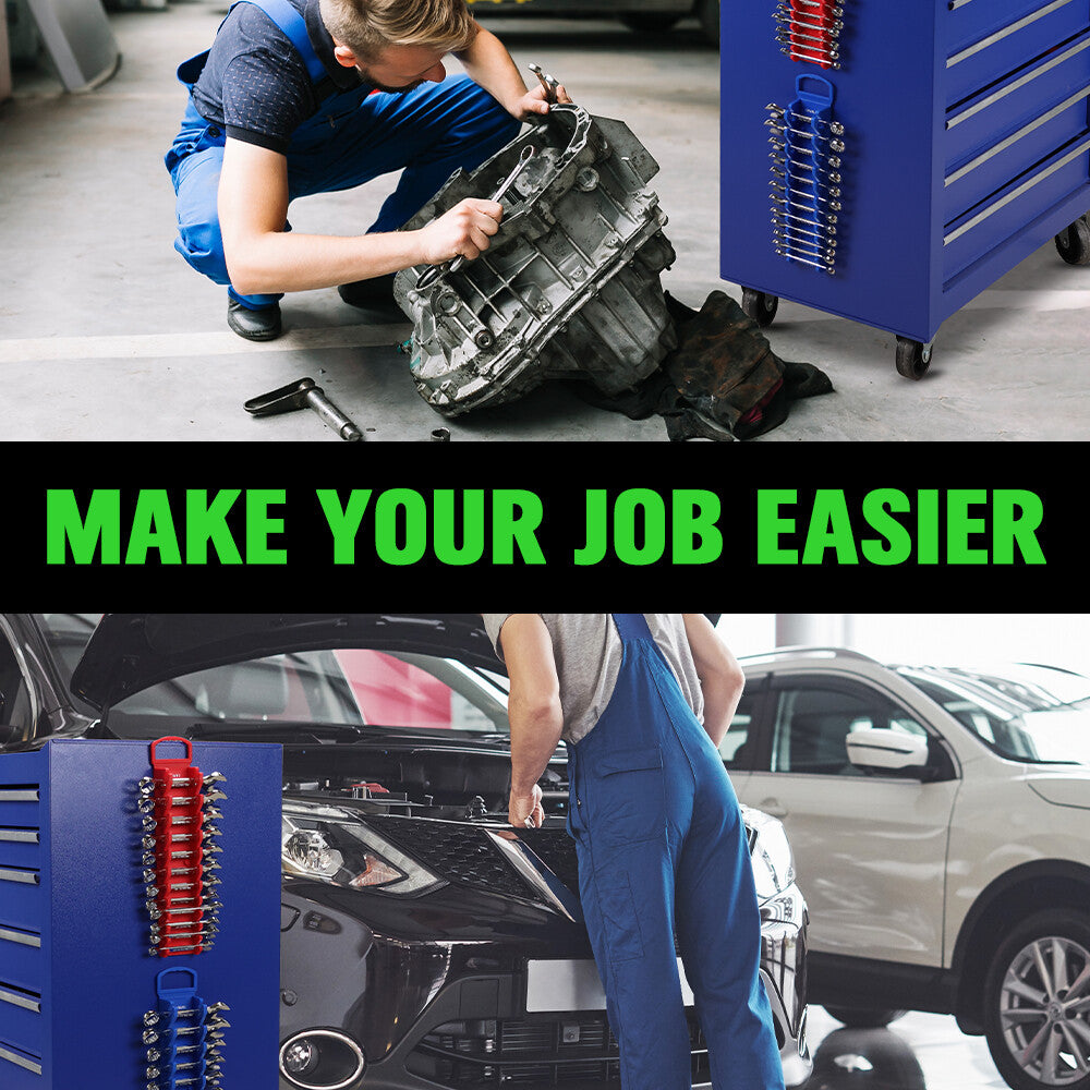 SWANLAKE magnetic wrench organiser with 12 slots and rare-earth magnets, heavy-duty holders for SAE and metric wrenches in red and blue for wall or toolbox mounting