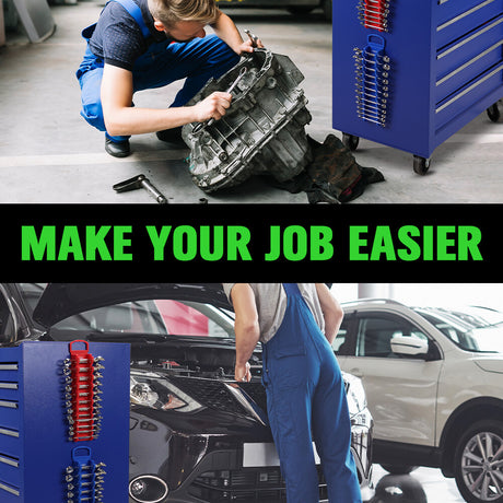 SWANLAKE magnetic wrench organiser with 12 slots and rare-earth magnets, heavy-duty holders for SAE and metric wrenches in red and blue for wall or toolbox mounting