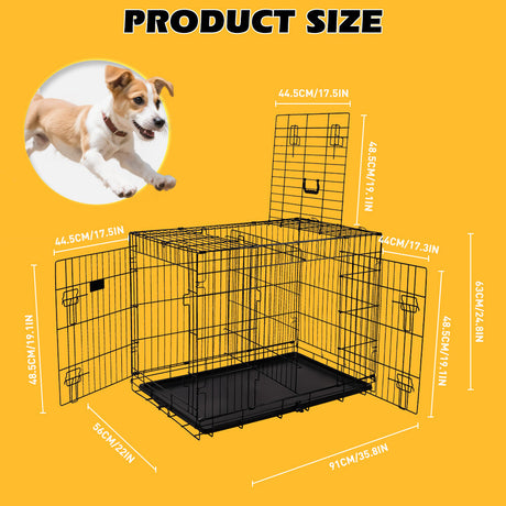 Foldable 24-inch dog cage with 3 doors, divider panel, leak-proof plastic tray, sturdy metal frame, and portable design for safe and comfortable pet housing.