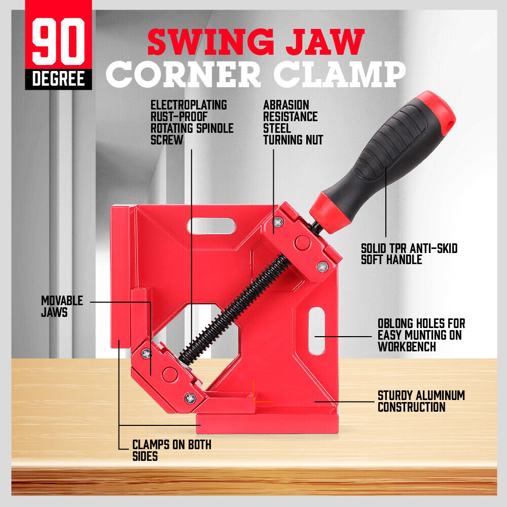 Red SEDY 90-degree corner clamp tool with adjustable jaws for precision woodworking and welding tasks