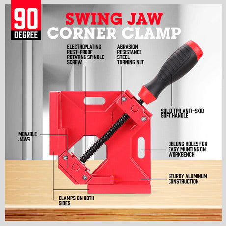 Red SEDY 90-degree corner clamp tool with adjustable jaws for precision woodworking and welding tasks