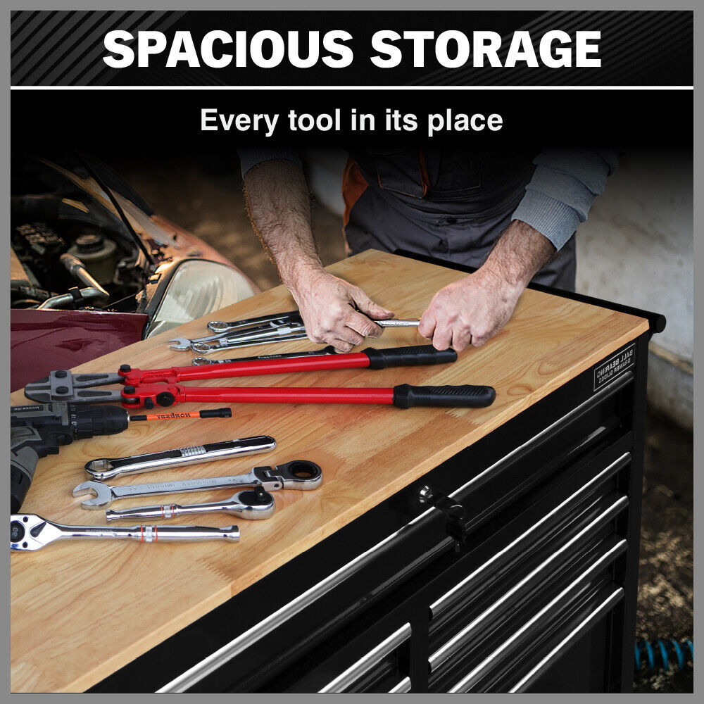 Heavy-duty HORUSDY tool chest cabinet with 42/46-inch width, 8/9 spacious drawers, wooden worktop, and lockable wheels for organized and mobile tool storage