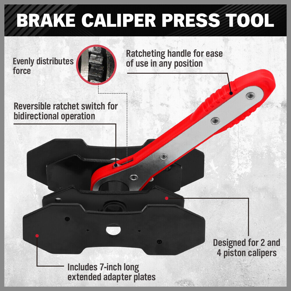 Automotive brake caliper press tool with ratcheting handle and adapter plates for efficient piston retraction