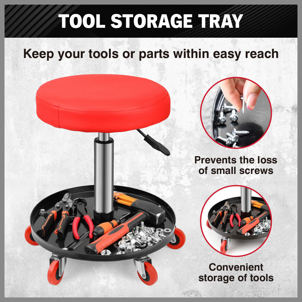 Heavy-Duty Mechanic Roller Seat with Pneumatic Adjustment and Tool Tray in Red and Black