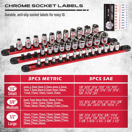 Magnetic socket organizer set with detachable trays for 1/4", 3/8", and 1/2" drive sockets. Ideal for garage tool organization.