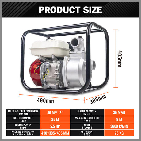 Gasoline water pump with 5.5HP engine, 30m³/h flow rate, 2-inch outlet, ideal for irrigation and high-efficiency water transfer