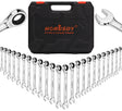 Complete set of 24 HORUSDY ratcheting combination spanners in metric and SAE sizes, showcased with a durable storage case