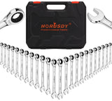 Complete set of 24 HORUSDY ratcheting combination spanners in metric and SAE sizes, showcased with a durable storage case