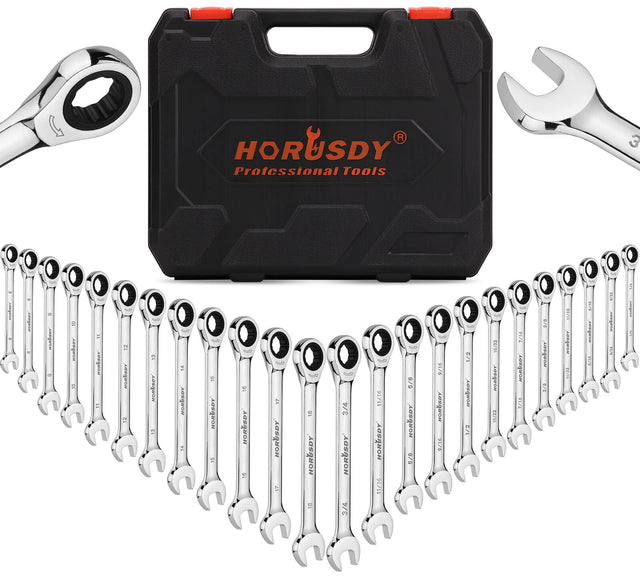Complete set of 24 HORUSDY ratcheting combination spanners in metric and SAE sizes, showcased with a durable storage case