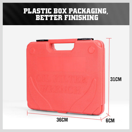 15-piece cup type oil filter wrench tool set for automotive maintenance, including various sizes of oil filter sockets in a red carrying case.