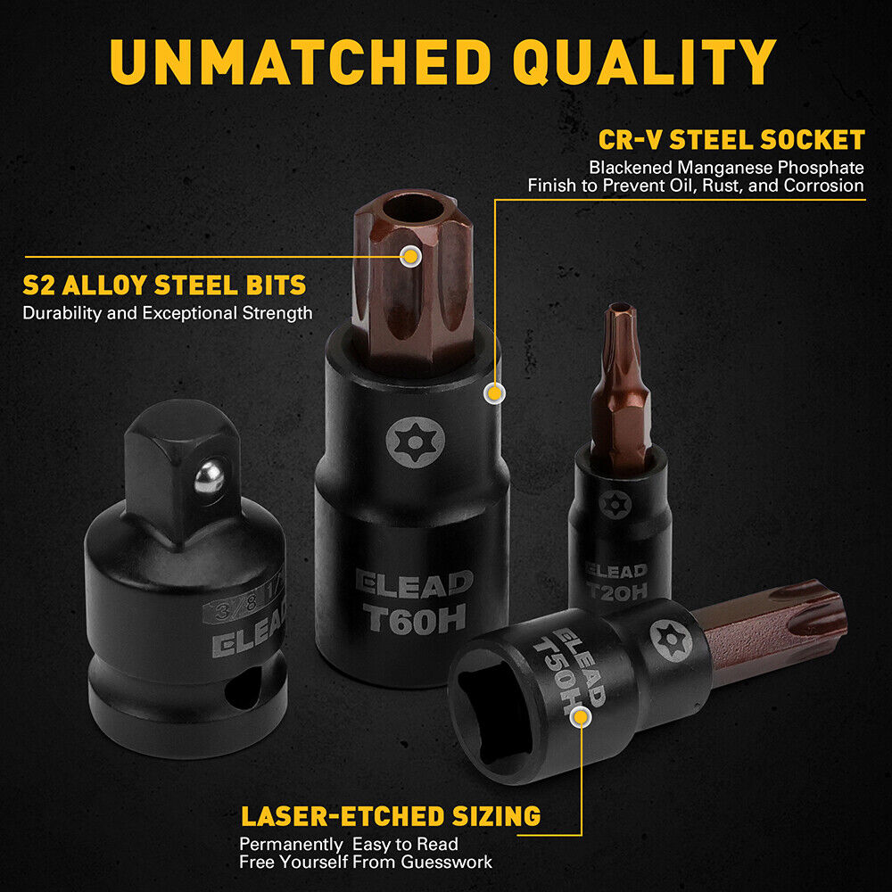 16-piece Torx bit socket set with S2 steel and CR-V, includes 1/4", 3/8", and 1/2" drive sizes, ideal for automotive and mechanical work