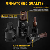 16-piece Torx bit socket set with S2 steel and CR-V, includes 1/4", 3/8", and 1/2" drive sizes, ideal for automotive and mechanical work