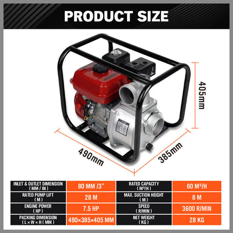 Gasoline water pump with 6.5HP engine, 60m³/h flow rate, 3-inch outlet, perfect for large-scale irrigation and water transfer.