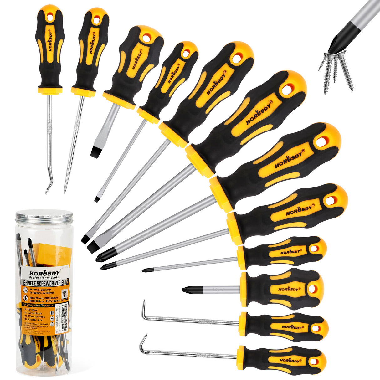 HORUSDY 13Pcs Magnetic Screwdriver Set Phillips Flat Head Tips Automotive Hook