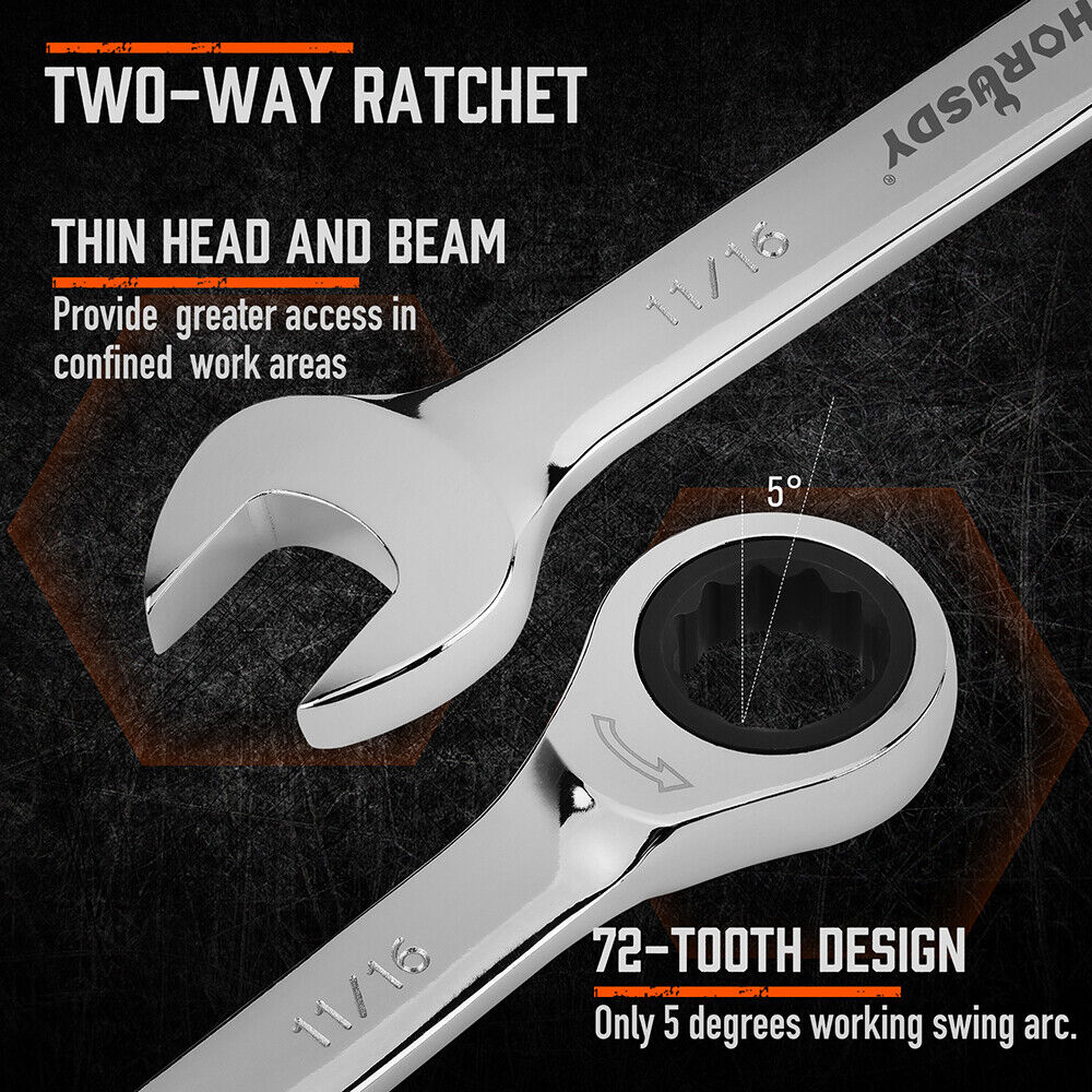 Complete set of 24 HORUSDY ratcheting combination spanners in metric and SAE sizes, showcased with a durable storage case