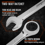 Complete set of 24 HORUSDY ratcheting combination spanners in metric and SAE sizes, showcased with a durable storage case