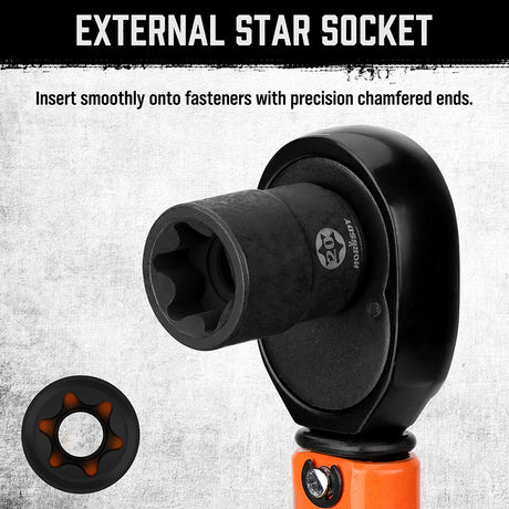 HORUSDY 13-piece female external star socket set with E4–E20 sizes, 2 drive adapters, durable CR-V steel construction and quick-release storage rack