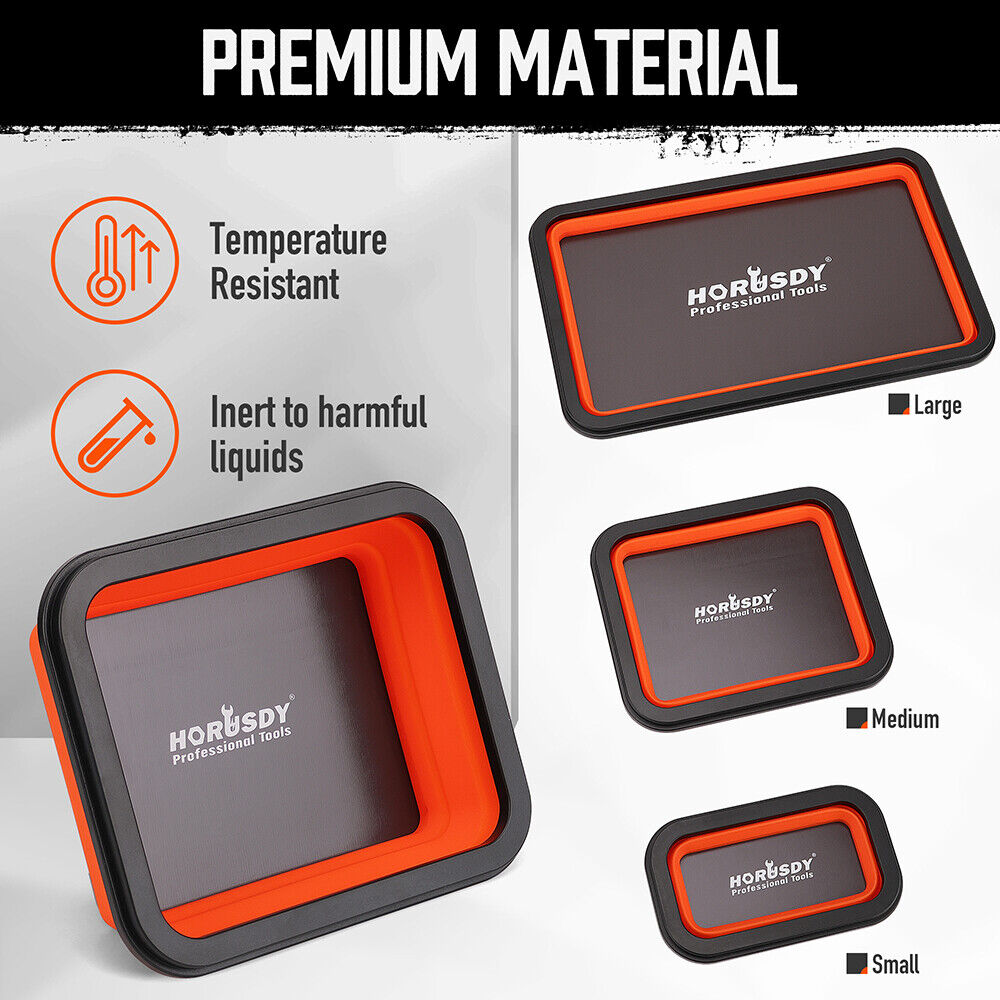  Orange and black HORUSDY magnetic parts tray set in three sizes for tool organization and storage.