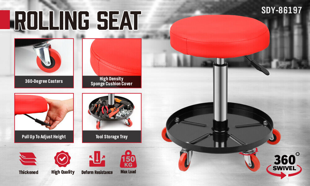 Heavy-Duty Mechanic Roller Seat with Pneumatic Adjustment and Tool Tray in Red and Black