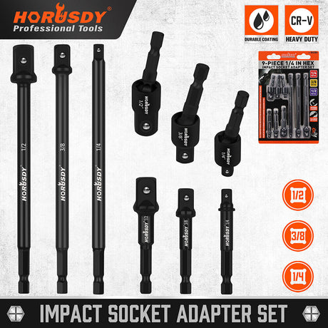 Heavy-duty 1/4" hex impact socket adapter set with 360° rotation - HORUSDY Professional Tools Australia