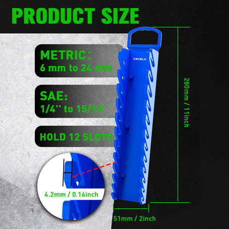SWANLAKE magnetic wrench organiser with 12 slots and rare-earth magnets, heavy-duty holders for SAE and metric wrenches in red and blue for wall or toolbox mounting