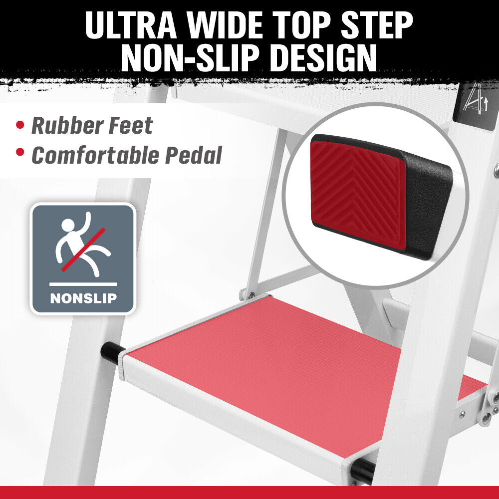 Folding step ladder with 2-step and 3-step options, featuring a compact, space-saving design, non-slip steps, and a 150kg weight capacity, ideal for home and office applications