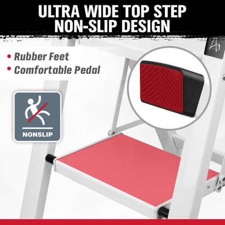 Folding step ladder with 2-step and 3-step options, featuring a compact, space-saving design, non-slip steps, and a 150kg weight capacity, ideal for home and office applications