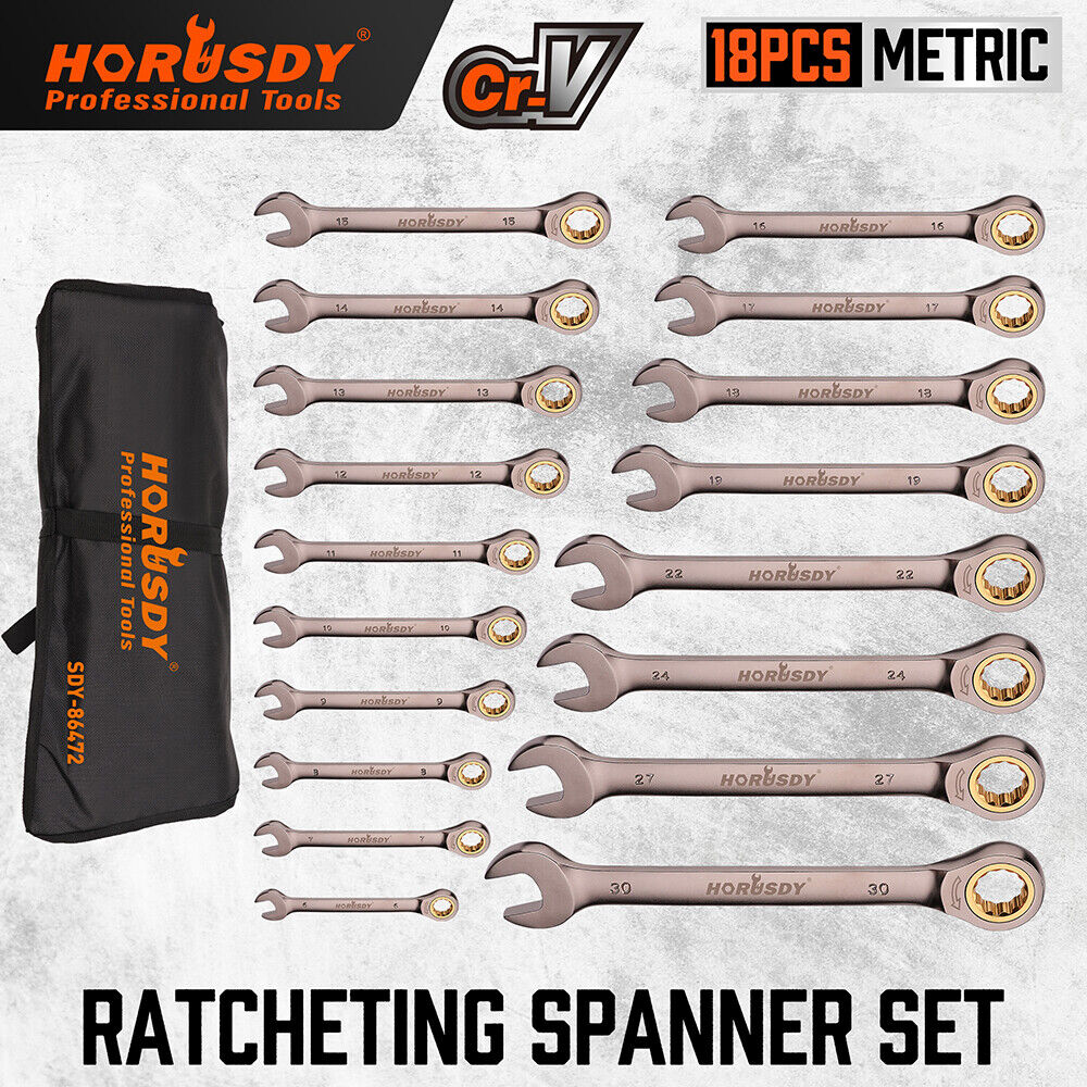 High-quality HORUSDY 18-piece metric ratchet spanner set and CR-V steel, ranging from 6mm to 30mm, designed for automotive and household applications with a durable 72-tooth ratchet mechanism