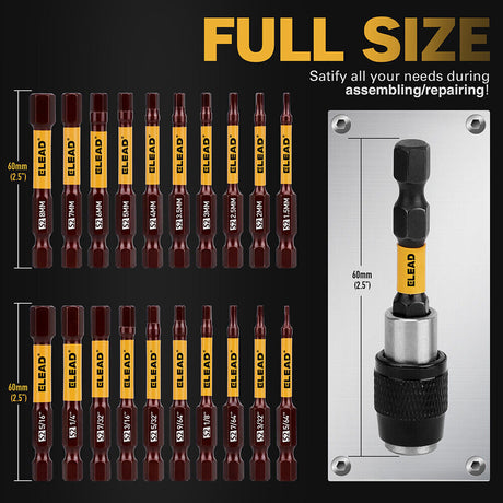 ELEAD 21-piece hex bit set with magnetic tips, made from durable S2 alloy steel for impact resistance and precision in heavy-duty applications.