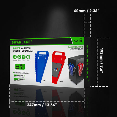 Magnetic wrench organiser set with red and blue 15-slot holders for wall or toolbox mounting, heavy-duty design with strong rare-earth magnets