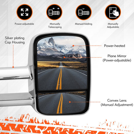 HORUSDY Power-Heated Telescoping Chrome Towing Mirrors with Adjustable Convex Lens for Pickup Trucks