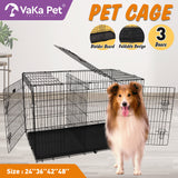 Foldable 24-inch dog cage with 3 doors, divider panel, leak-proof plastic tray, sturdy metal frame, and portable design for safe and comfortable pet housing.