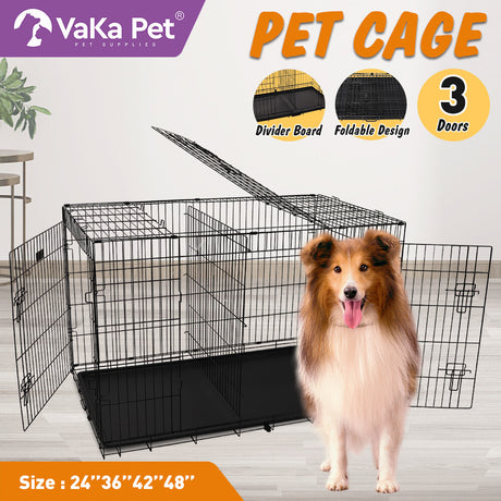 Foldable 24-inch dog cage with 3 doors, divider panel, leak-proof plastic tray, sturdy metal frame, and portable design for safe and comfortable pet housing.