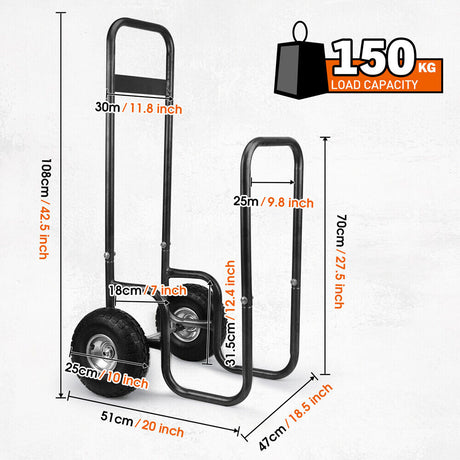 HORUSDY heavy-duty firewood cart with 150kg load capacity, sturdy frame, and large rubber wheels, perfect for transporting wood