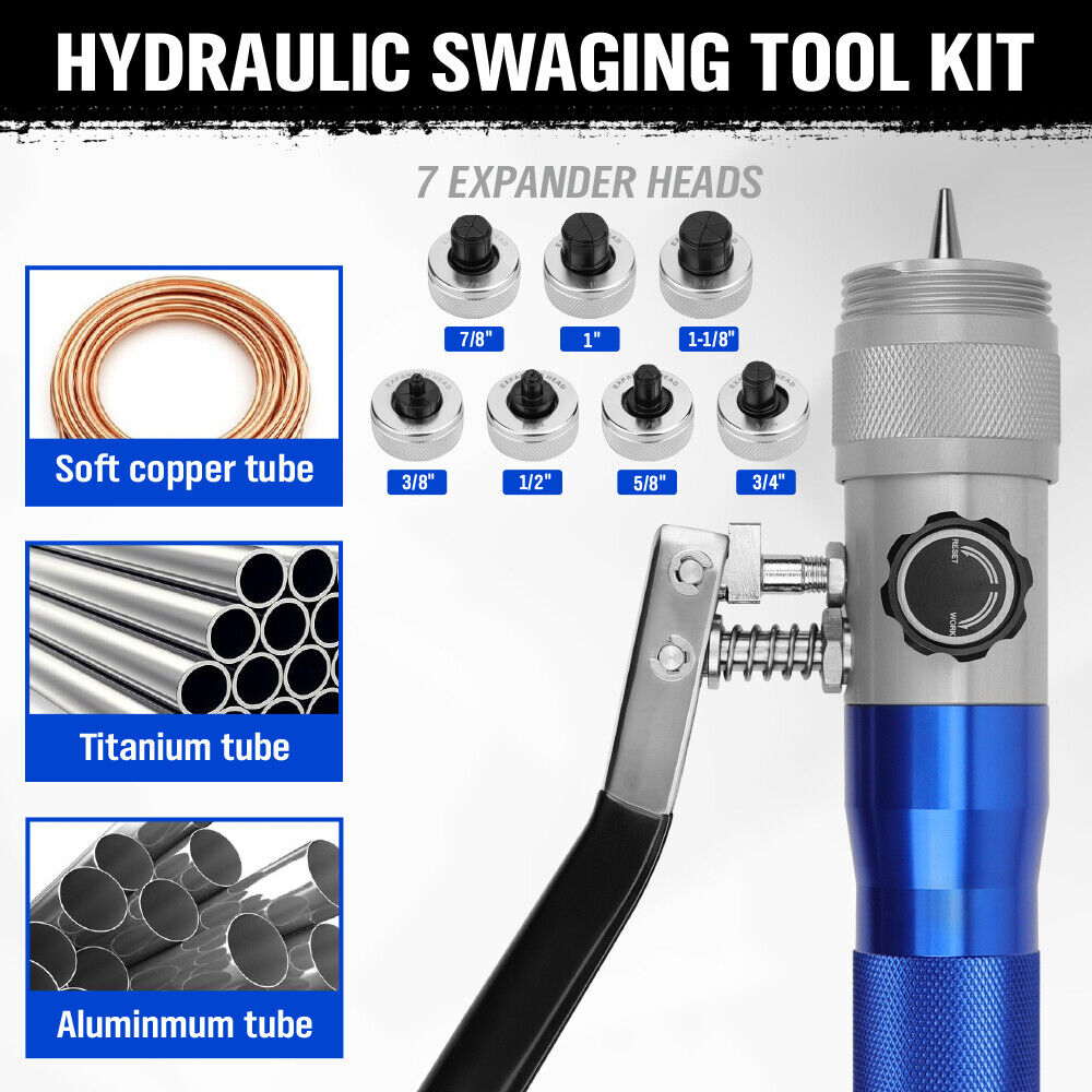 10-piece hydraulic tube expander kit with multiple expander heads, pipe cutter, deburring tool, and durable case for copper, aluminum, and titanium pipes.