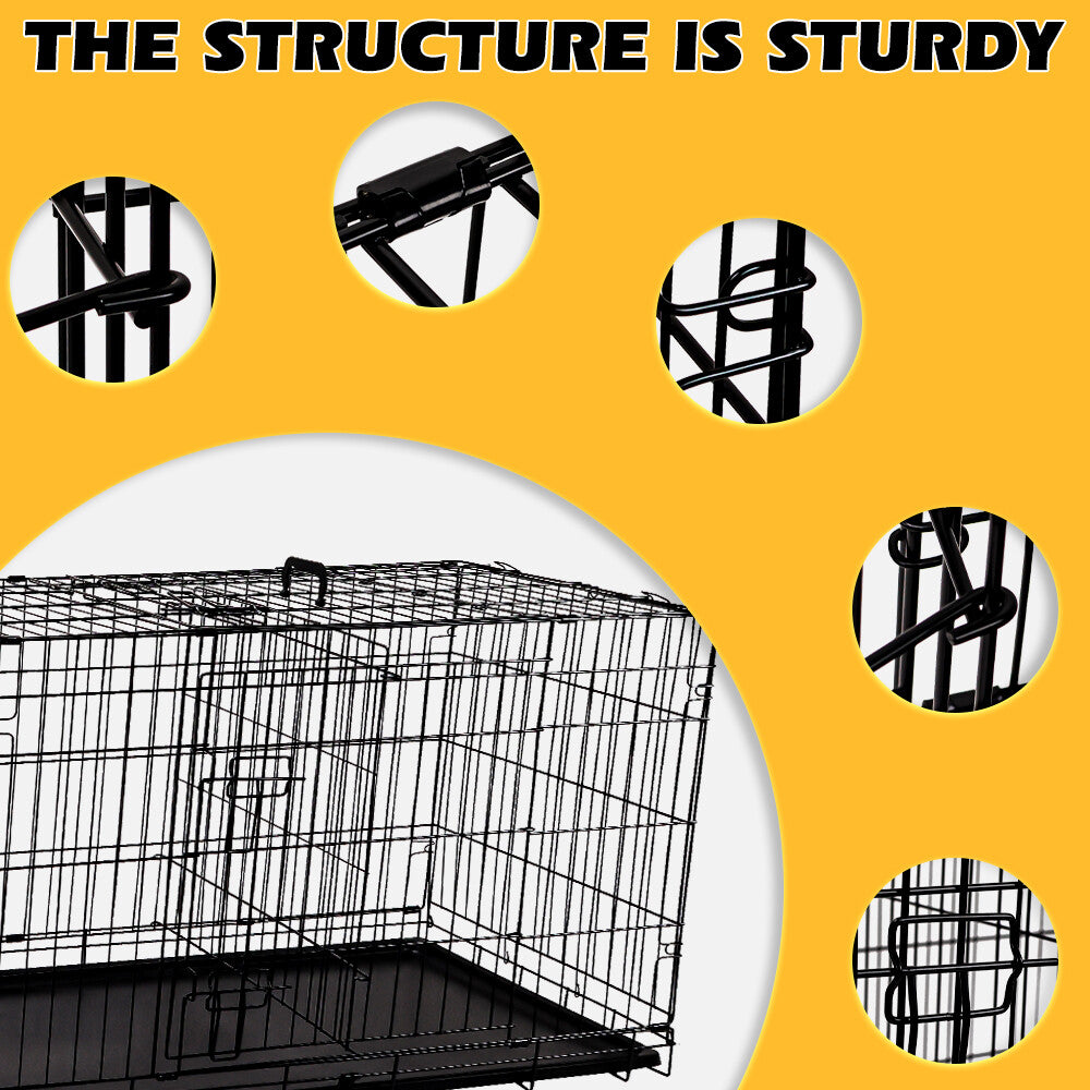 Foldable 24-inch dog cage with 3 doors, divider panel, leak-proof plastic tray, sturdy metal frame, and portable design for safe and comfortable pet housing.