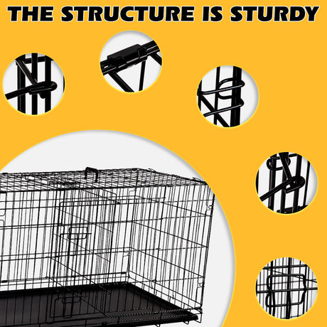 Foldable 24-inch dog cage with 3 doors, divider panel, leak-proof plastic tray, sturdy metal frame, and portable design for safe and comfortable pet housing.