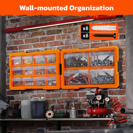 Wall-mountable modular parts organizer with 16 drawers for garage tools and hardware storage - HORUSDY Professional Tools Australia