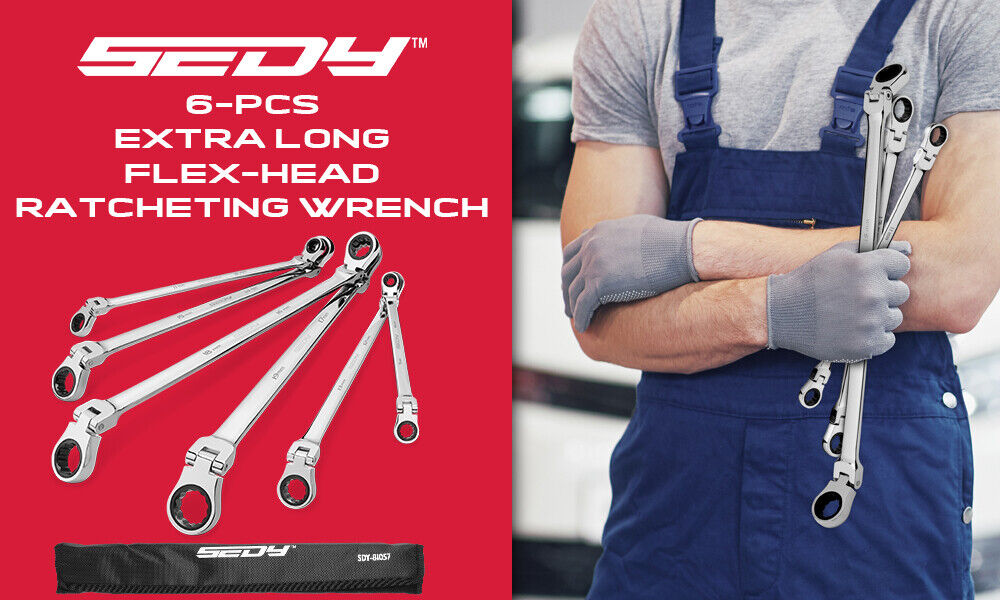 Extra long flex-head ratcheting spanner set with chrome vanadium steel construction, showcasing 180-degree rotating heads and multiple size options from 8mm to 19mm.