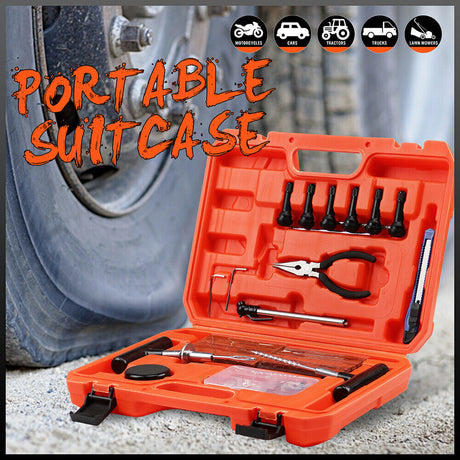 108-piece heavy duty tire repair kit with T-handle tools, pliers, utility knife, and tire plugs in a bright orange case"