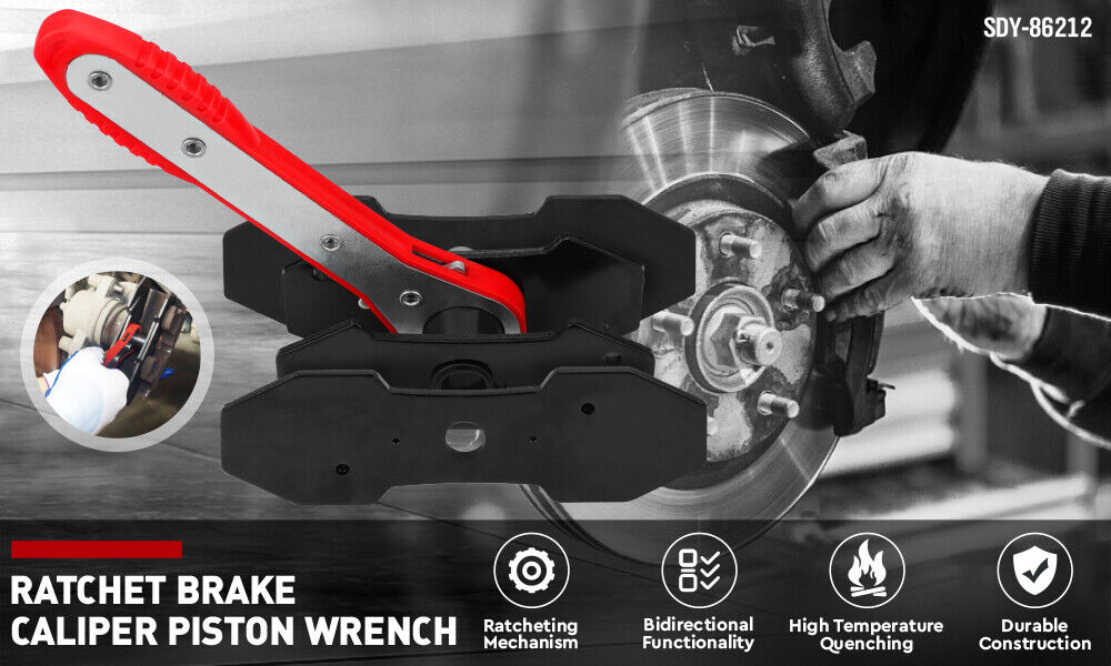 Automotive brake caliper press tool with ratcheting handle and adapter plates for efficient piston retraction